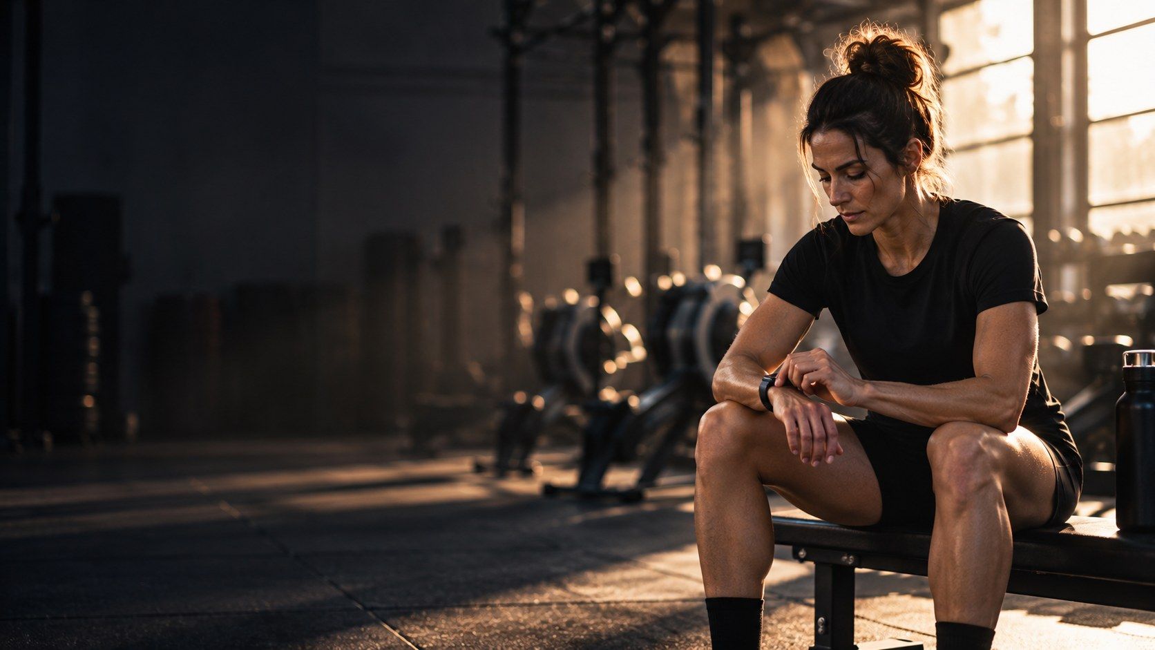 An athlete sitting on a bench in a sunlit gym, checking the watch on her wrist.