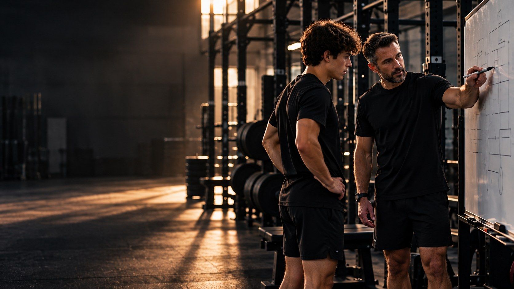 A coach drawing a training plan on a whiteboard while an athlete watches.