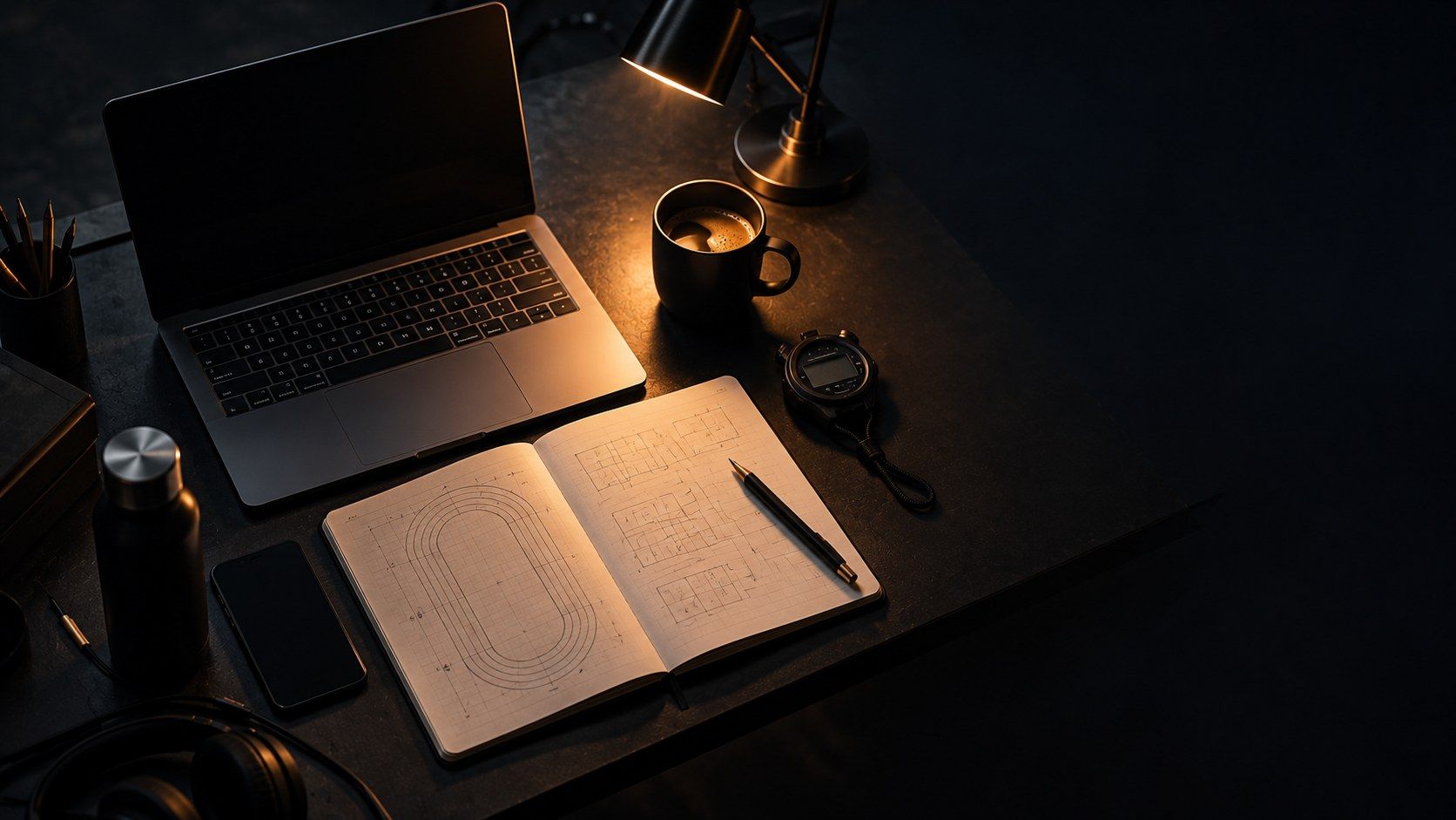 A dark desk under one warm lamp: a laptop, a notebook with a sketched running track, a stopwatch and a coffee cup.