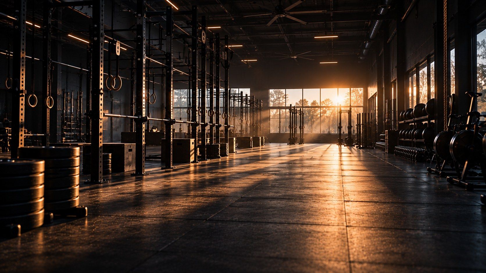 An empty gym at sunrise, low light across the floor and equipment lined up in rows.